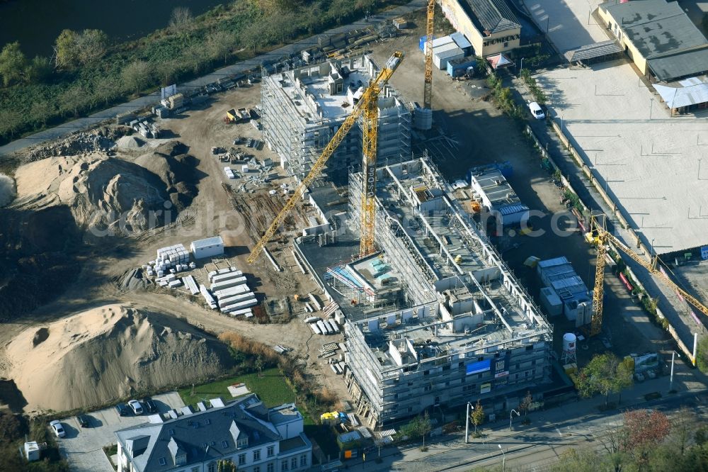 Aerial image Dresden - Residential construction site with multi-family housing development- of the project Hafencity along the Leipziger Strasse in Dresden in the state Saxony, Germany