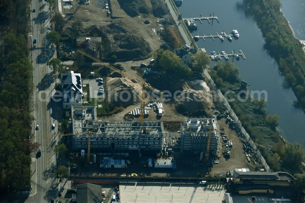 Dresden from the bird's eye view: Residential construction site with multi-family housing development- of the project Hafencity along the Leipziger Strasse in Dresden in the state Saxony, Germany