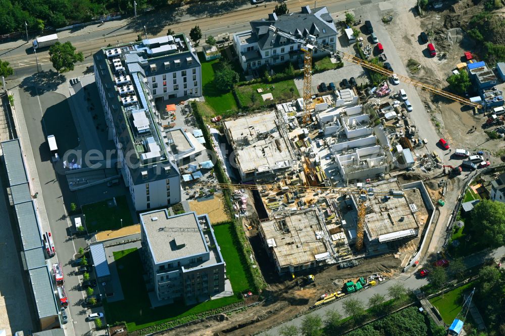 Dresden from above - Residential construction site with multi-family housing development- of the project Hafencity along the Leipziger Strasse in Dresden in the state Saxony, Germany