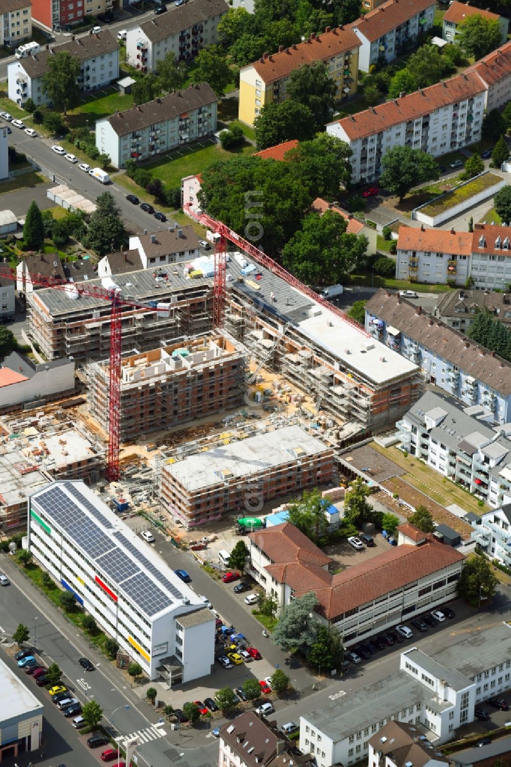 Aschaffenburg from above - Residential construction site with multi-family housing development- on the Lange Strasse - Scheidmuehlweg - Bernhardstrasse in the district Damm in Aschaffenburg in the state Bavaria, Germany