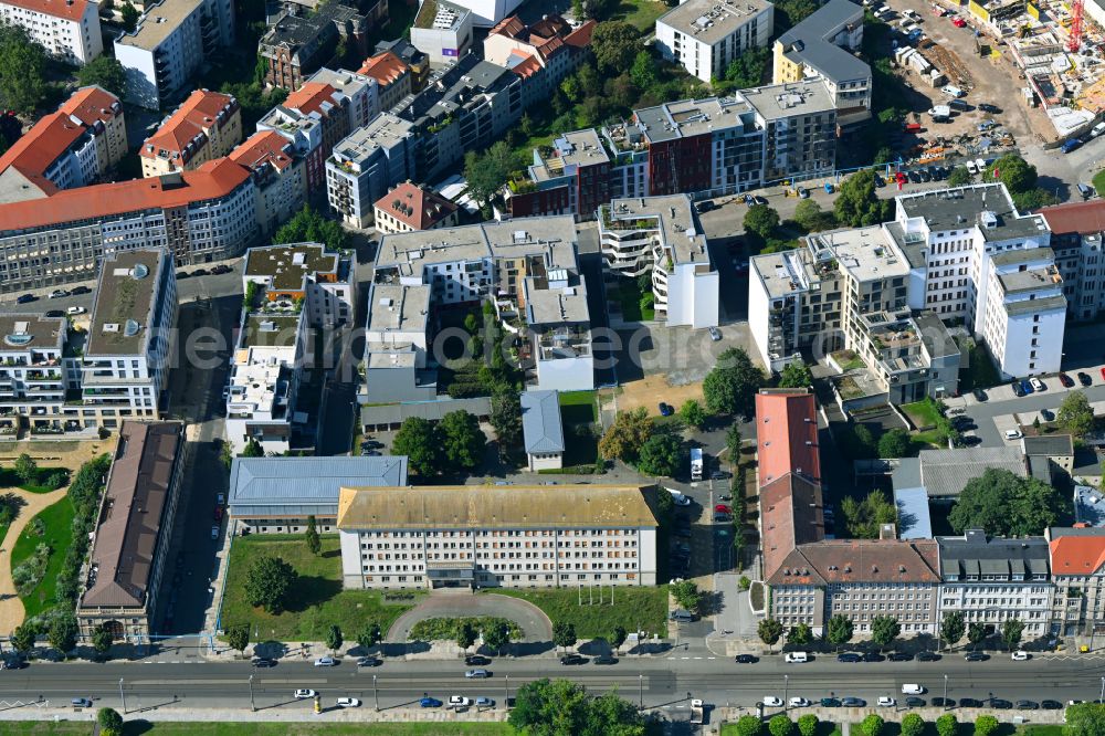 Dresden from the bird's eye view: Residential construction site with multi-family housing development- on place Schuetzenplatz in Dresden in the state Saxony, Germany