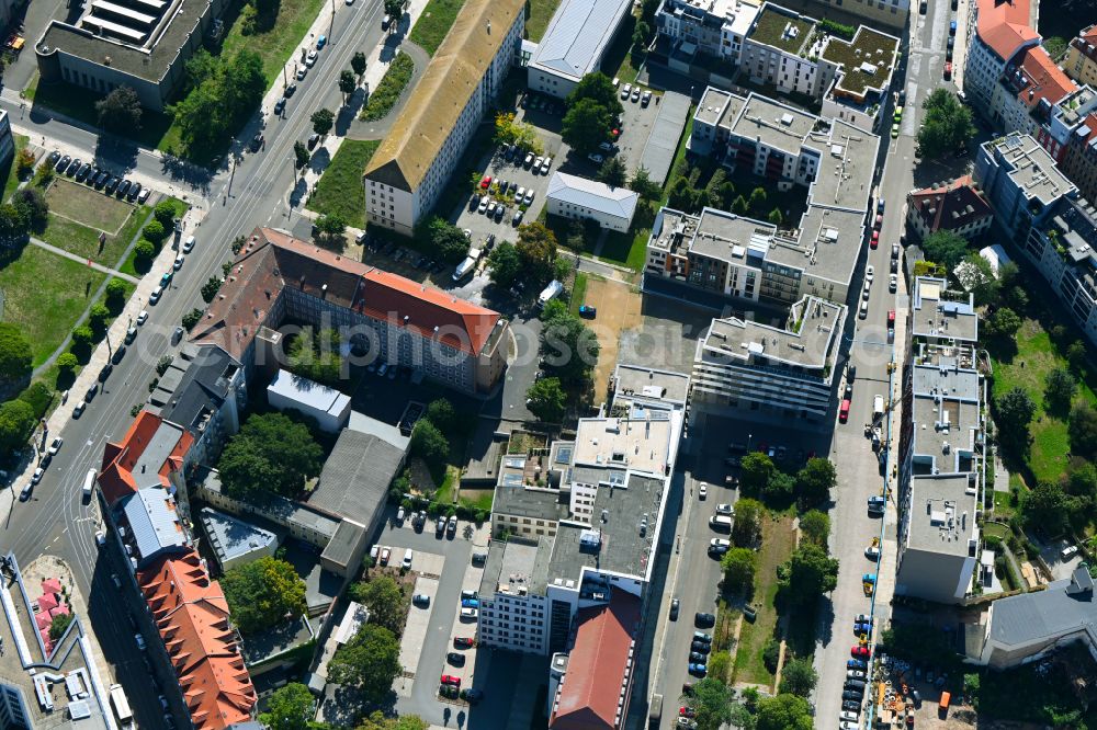 Dresden from the bird's eye view: Residential construction site with multi-family housing development- on place Schuetzenplatz in Dresden in the state Saxony, Germany