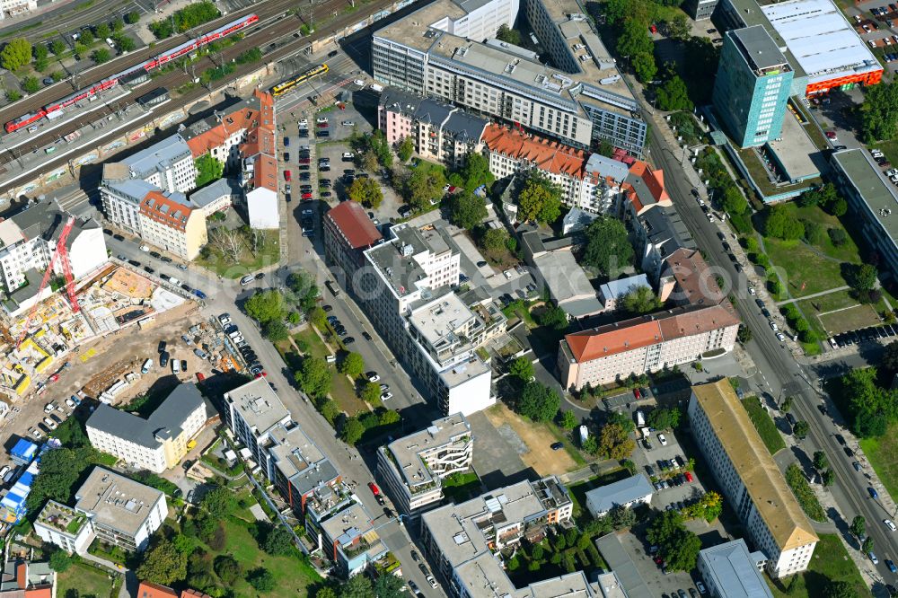 Dresden from the bird's eye view: Residential construction site with multi-family housing development- on place Schuetzenplatz in Dresden in the state Saxony, Germany