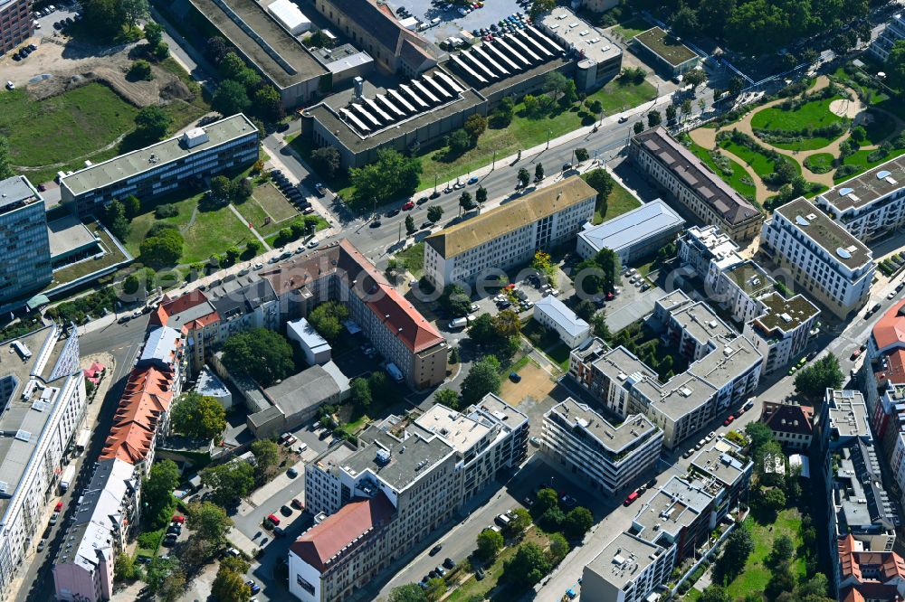 Dresden from above - Residential construction site with multi-family housing development- on place Schuetzenplatz in the district Wilsdruffer Vorstadt in Dresden in the state Saxony, Germany