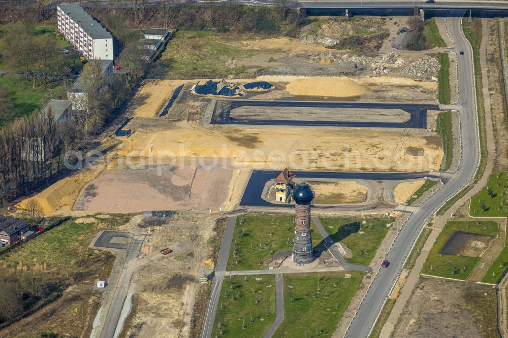 Duisburg from above - Residential area construction site with multi-family housing development - new building at the old water tower of the former railway site on Dirschauer Weg in the Wedau district of Duisburg in the Ruhr area in the state of North Rhine-Westphalia, Germany