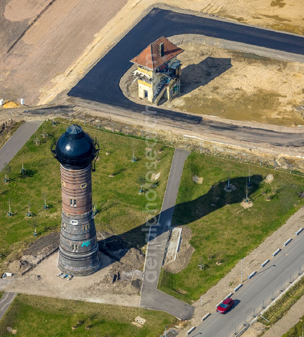 Aerial image Duisburg - Residential area construction site with multi-family housing development - new building at the old water tower of the former railway site on Dirschauer Weg in the Wedau district of Duisburg in the Ruhr area in the state of North Rhine-Westphalia, Germany