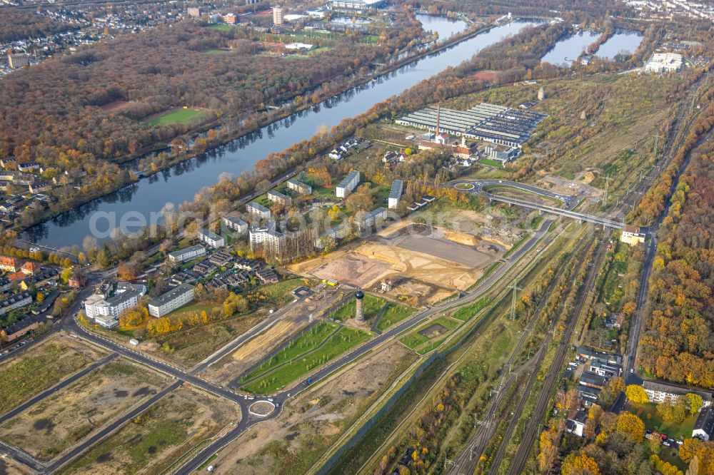 Aerial photograph Duisburg - Residential construction site with multi-family housing development- Duisburger Duehnen Freiheit on street Masurenallee - Am alten Gueterbahnhof in the district Wedau in Duisburg at Ruhrgebiet in the state North Rhine-Westphalia, Germany