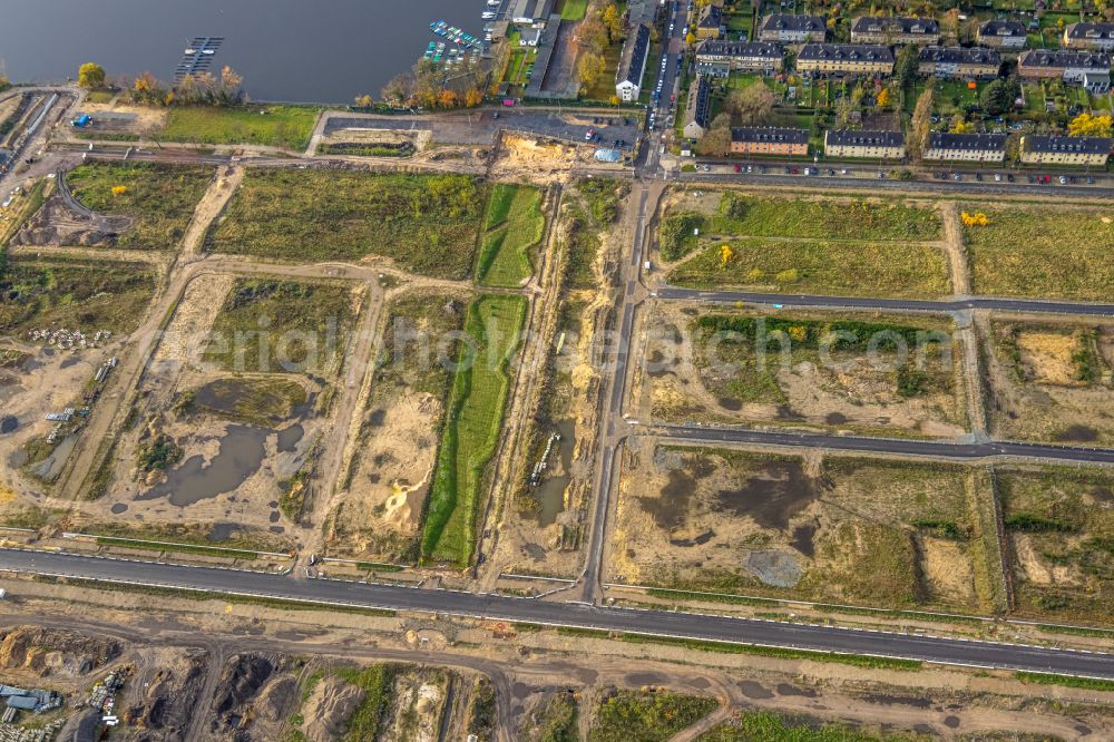 Aerial photograph Duisburg - Residential construction site with multi-family housing development- Duisburger Duehnen Freiheit on street Masurenallee - Am alten Gueterbahnhof in the district Wedau in Duisburg at Ruhrgebiet in the state North Rhine-Westphalia, Germany