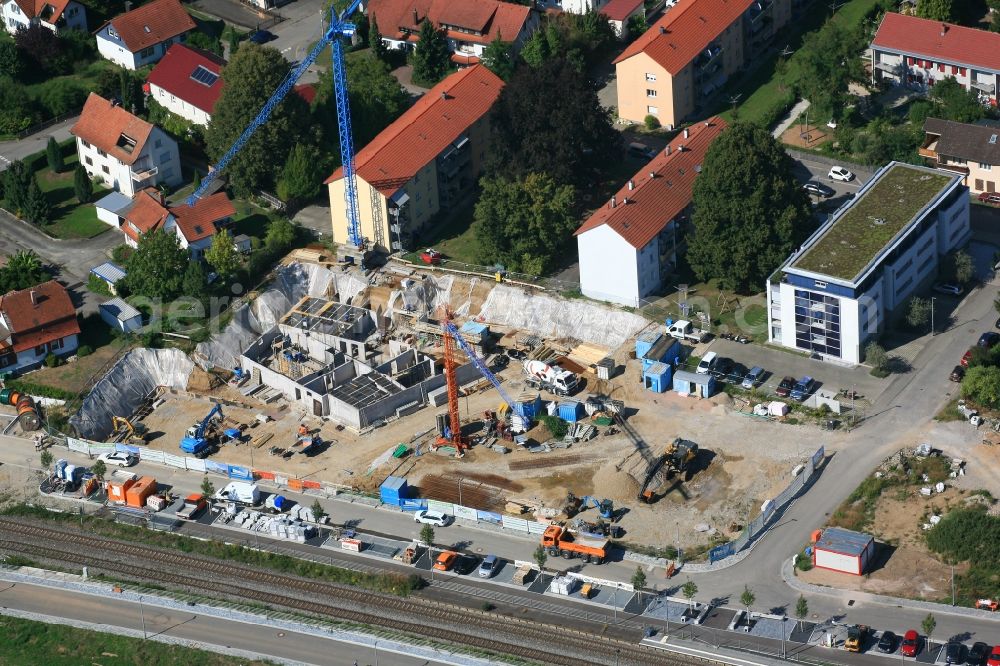 Aerial photograph Grenzach-Wyhlen - Residential construction site with multi-family housing development- on the Gartenstrasse in Grenzach-Wyhlen in the state Baden-Wurttemberg, Germany