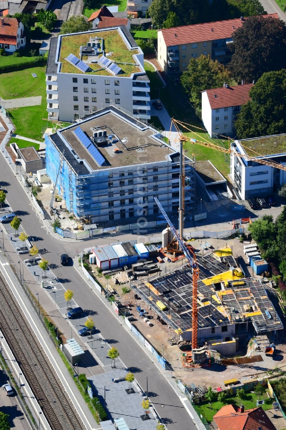 Aerial image Grenzach-Wyhlen - Residential construction site with multi-family housing development- on the Gartenstrasse in Grenzach-Wyhlen in the state Baden-Wurttemberg, Germany