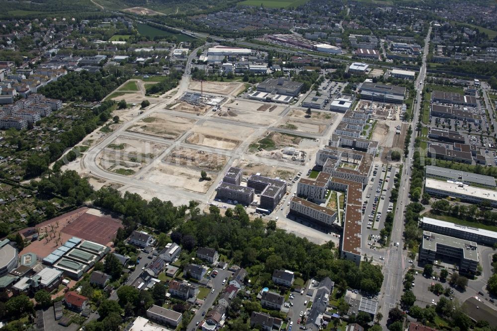 Mainz from above - Residential construction site with multi-family housing development- on the Heiligkreuz-Viertel in the district Weisenau in Mainz in the state Rhineland-Palatinate, Germany