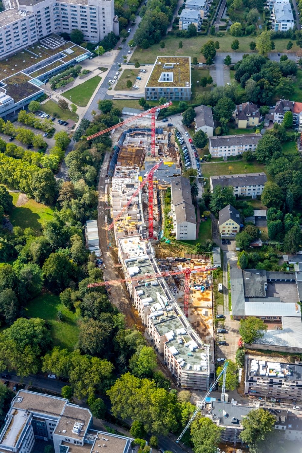 Essen from above - Residential construction site with multi-family housing development- at the Herthastrasse in Essen in the state North Rhine-Westphalia, Germany