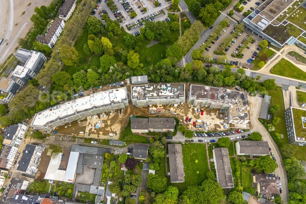 Essen from the bird's eye view: Residential construction site with multi-family housing development- at the Herthastrasse in Essen at Ruhrgebiet in the state North Rhine-Westphalia, Germany