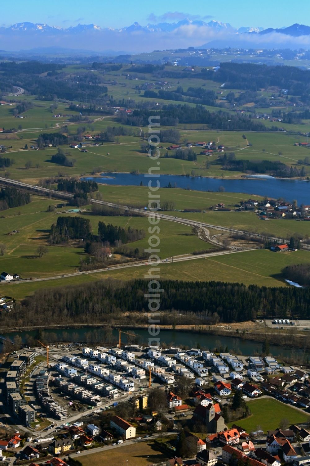 Aerial photograph Waltenhofen - Residential construction site with multi-family housing development- on Illerbogen in Waltenhofen in the state Bavaria, Germany