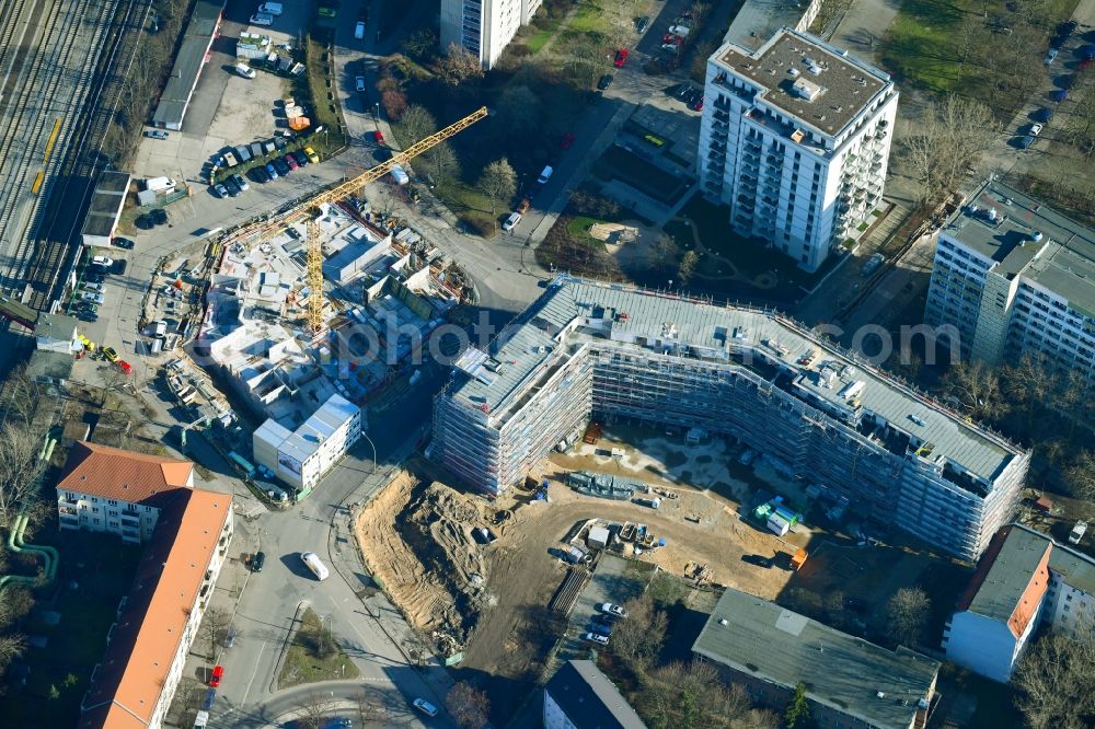 Aerial image Berlin - Residential construction site with multi-family housing development- on the Rosenfelder Ring corner Skandinavische Strasse in the district Lichtenberg in Berlin, Germany