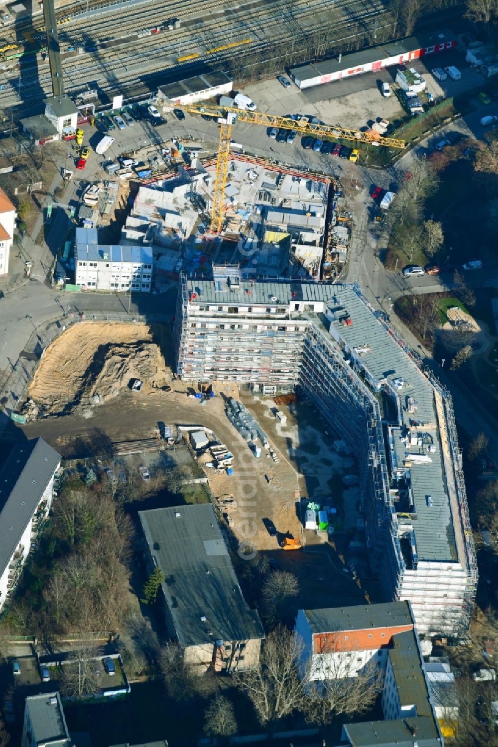 Berlin from above - Residential construction site with multi-family housing development- on the Rosenfelder Ring corner Skandinavische Strasse in the district Lichtenberg in Berlin, Germany