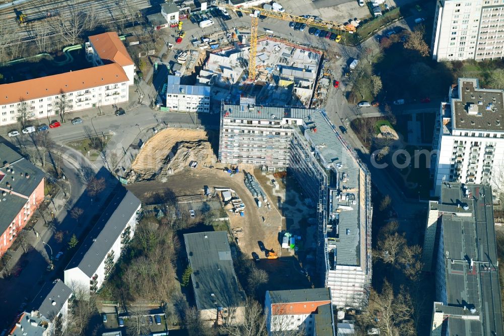 Berlin from the bird's eye view: Residential construction site with multi-family housing development- on the Rosenfelder Ring corner Skandinavische Strasse in the district Lichtenberg in Berlin, Germany