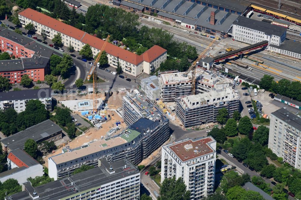 Berlin from above - Residential construction site with multi-family housing development- on the Rosenfelder Ring corner Skandinavische Strasse in the district Lichtenberg in Berlin, Germany