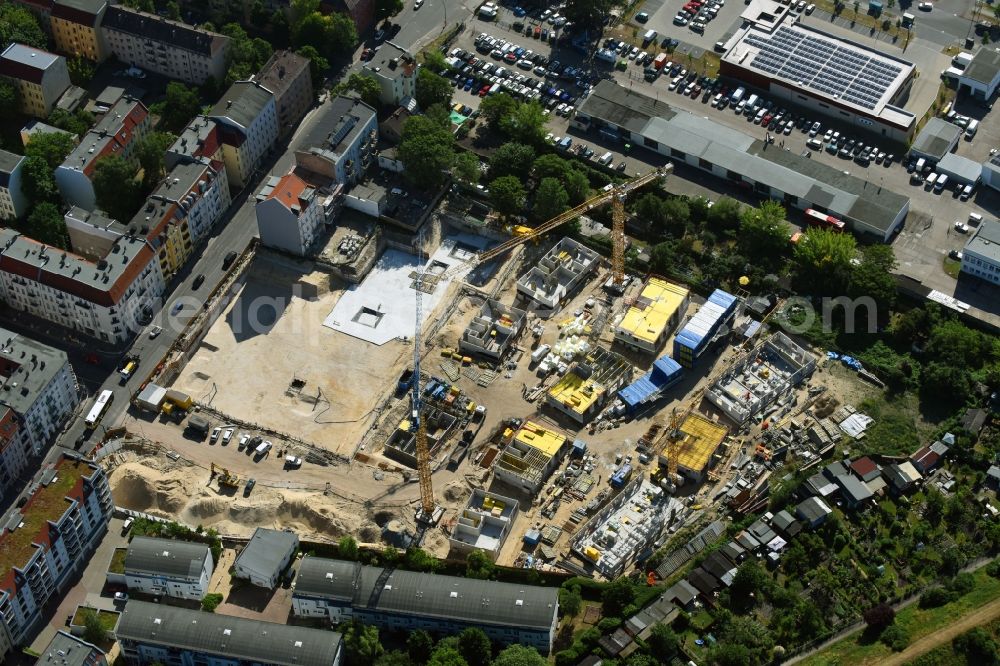 Berlin from the bird's eye view: Construction side Residential area of the multi-family house settlement Das Lichtenhain of BUWOG Group in the district Lichtenberg in Berlin, Germany