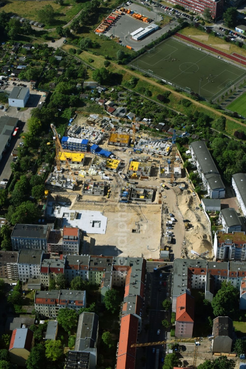 Aerial image Berlin - Construction side Residential area of the multi-family house settlement Das Lichtenhain of BUWOG Group in the district Lichtenberg in Berlin, Germany