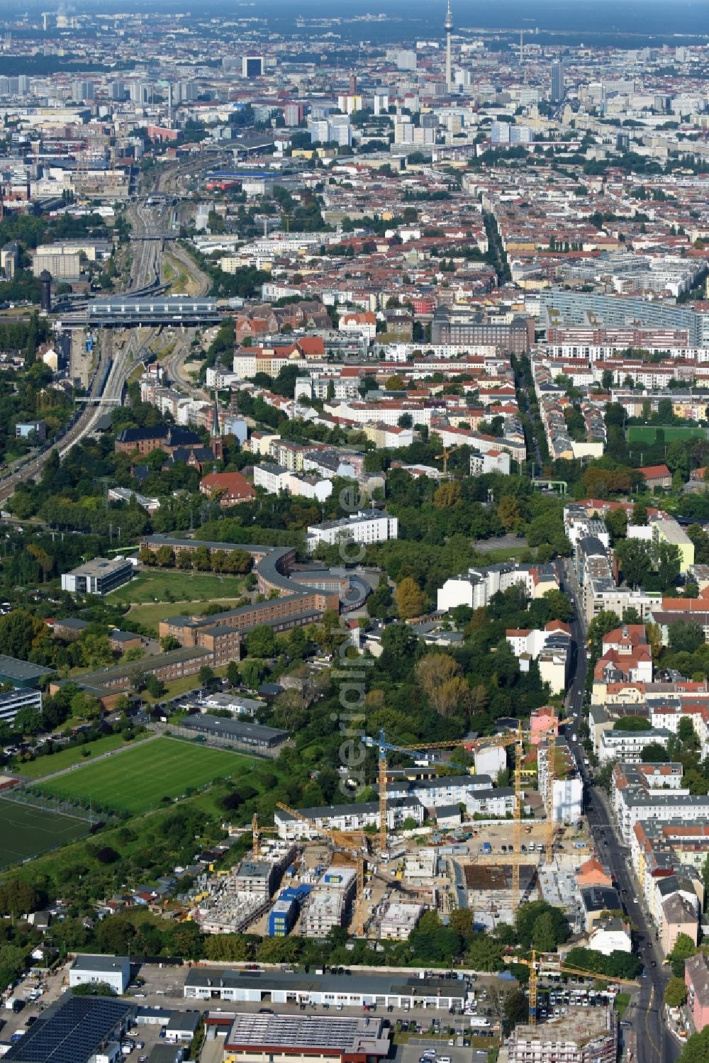 Aerial image Berlin - Construction side Residential area of the multi-family house settlement Das Lichtenhain of BUWOG Group in the district Lichtenberg in Berlin, Germany