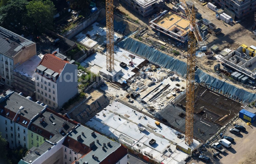 Berlin from the bird's eye view: Construction side Residential area of the multi-family house settlement Das Lichtenhain of BUWOG Group in the district Lichtenberg in Berlin, Germany