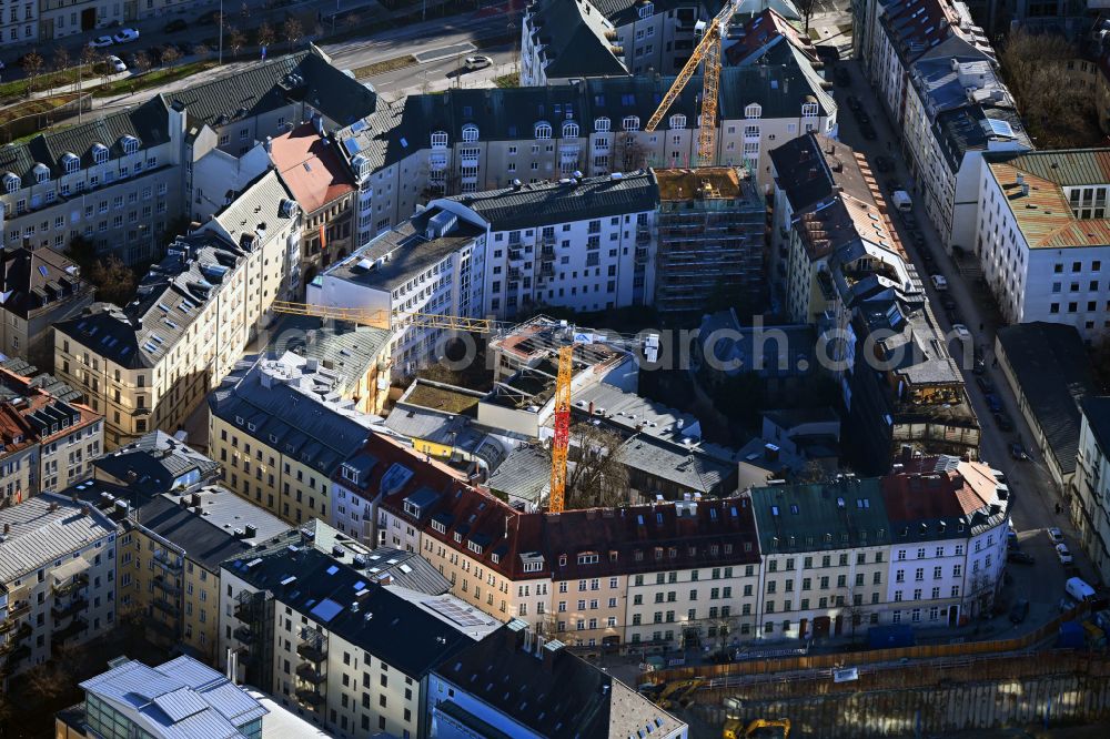 München from above - Residential construction site with multi-family housing development- on street Herrnstrasse - Stollbergstrasse - Hochbrueckenstrasse - Hildegardstrasse in the district Altstadt in Munich in the state Bavaria, Germany