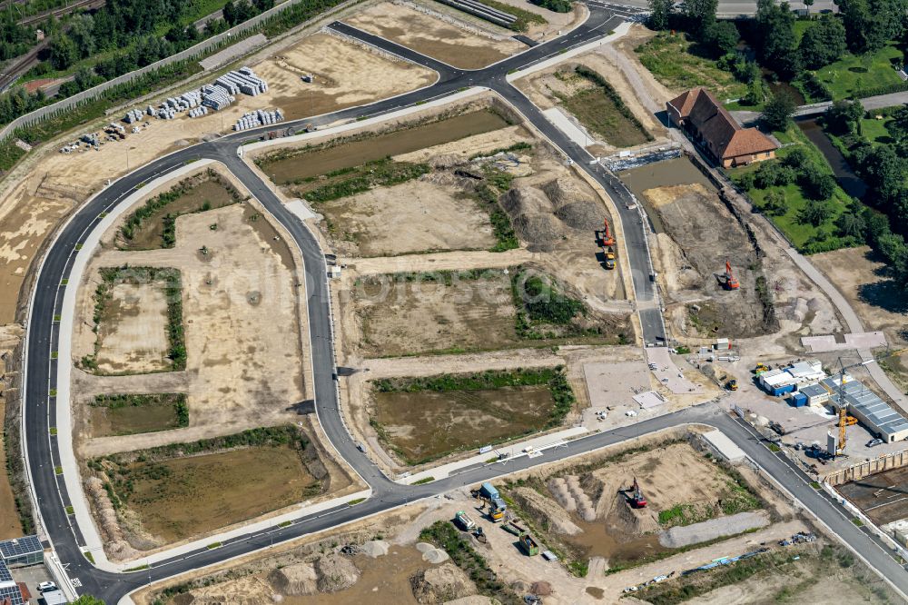 Achern from above - Residential construction site with multi-family housing development- on the on Glashuettenareal in Achern in the state Baden-Wuerttemberg, Germany