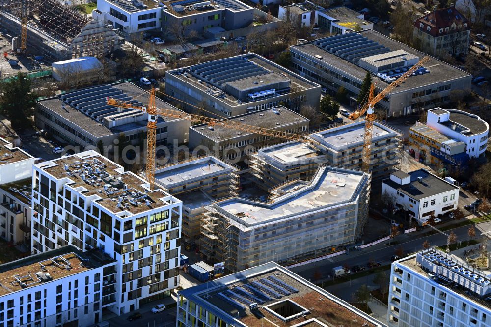 München from above - Residential construction site with multi-family housing development- on street Paul-Gerhardt-Allee - Franz-Langinger-Strasse - Erna-Eckstein-Strasse in the district Pasing in Munich in the state Bavaria, Germany