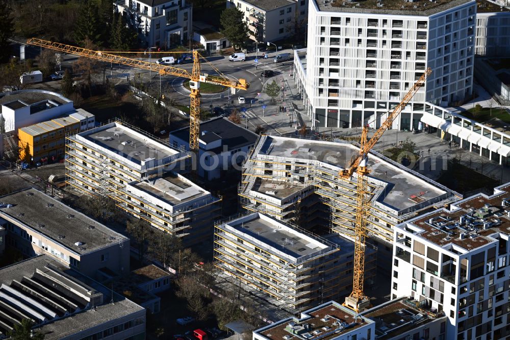 München from the bird's eye view: Residential construction site with multi-family housing development- on street Paul-Gerhardt-Allee - Franz-Langinger-Strasse - Erna-Eckstein-Strasse in the district Pasing in Munich in the state Bavaria, Germany