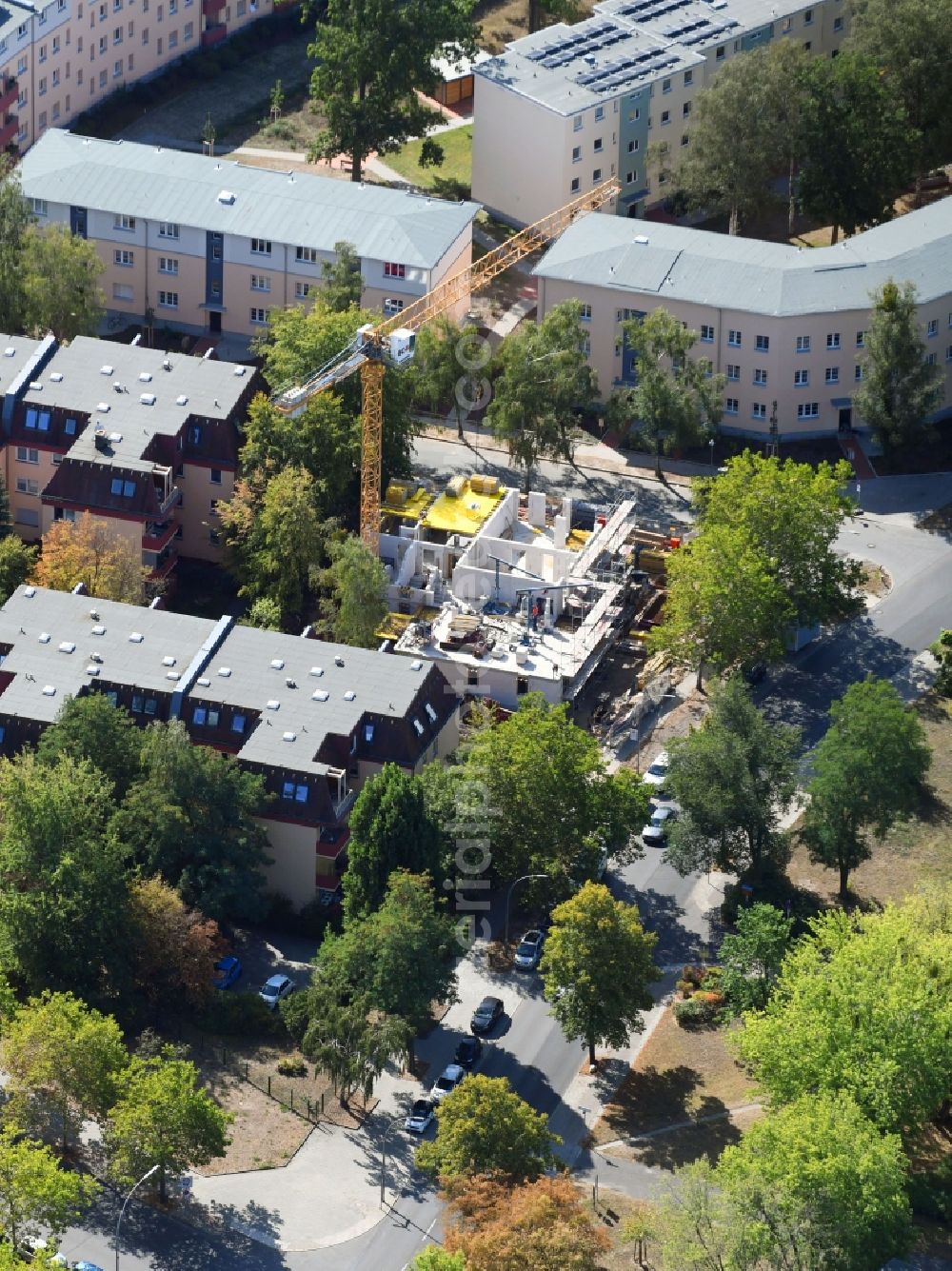 Berlin from above - Residential construction site with multi-family housing development- on the Ostpreussendamm corner Dorstener Strasse in the district Lichterfelde in Berlin, Germany