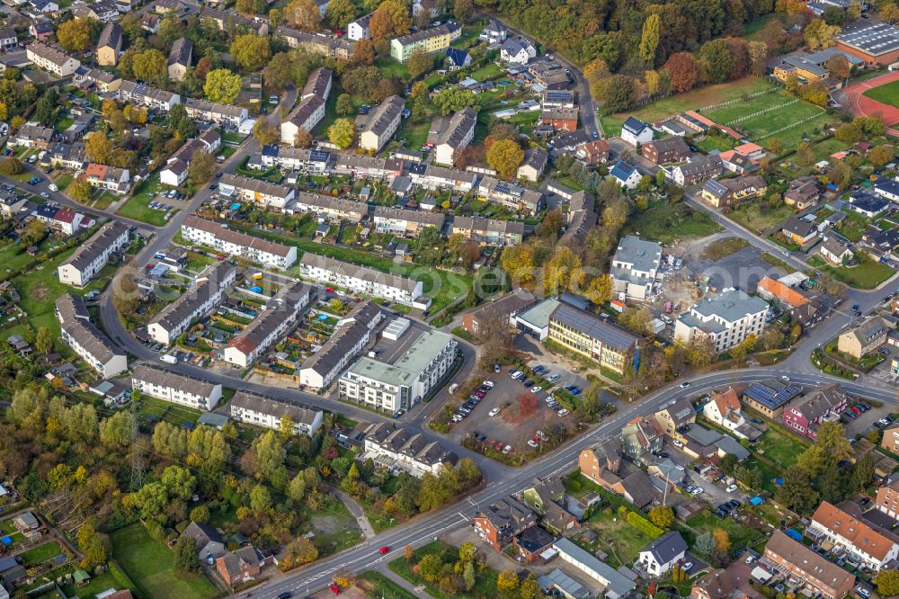 Aerial image Bergkamen - Residential construction site with multi-family housing development- on the Preinstrasse - Jahnstrasse - Sugambrerstrasse in Bergkamen at Ruhrgebiet in the state North Rhine-Westphalia, Germany