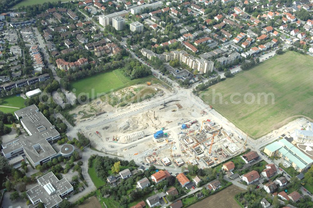 Garching bei München from above - Residential construction site with multi-family housing development- Professor-Angermair-Ring corner Muehlfeldweg in Garching bei Muenchen in the state Bavaria, Germany