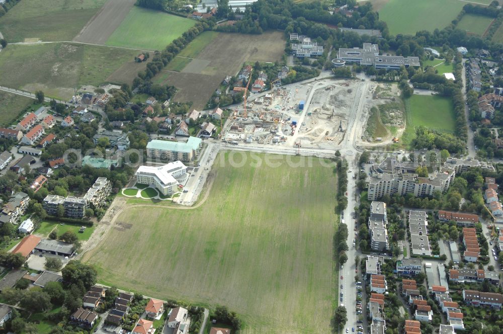 Garching bei München from above - Residential construction site with multi-family housing development- Professor-Angermair-Ring corner Muehlfeldweg in Garching bei Muenchen in the state Bavaria, Germany