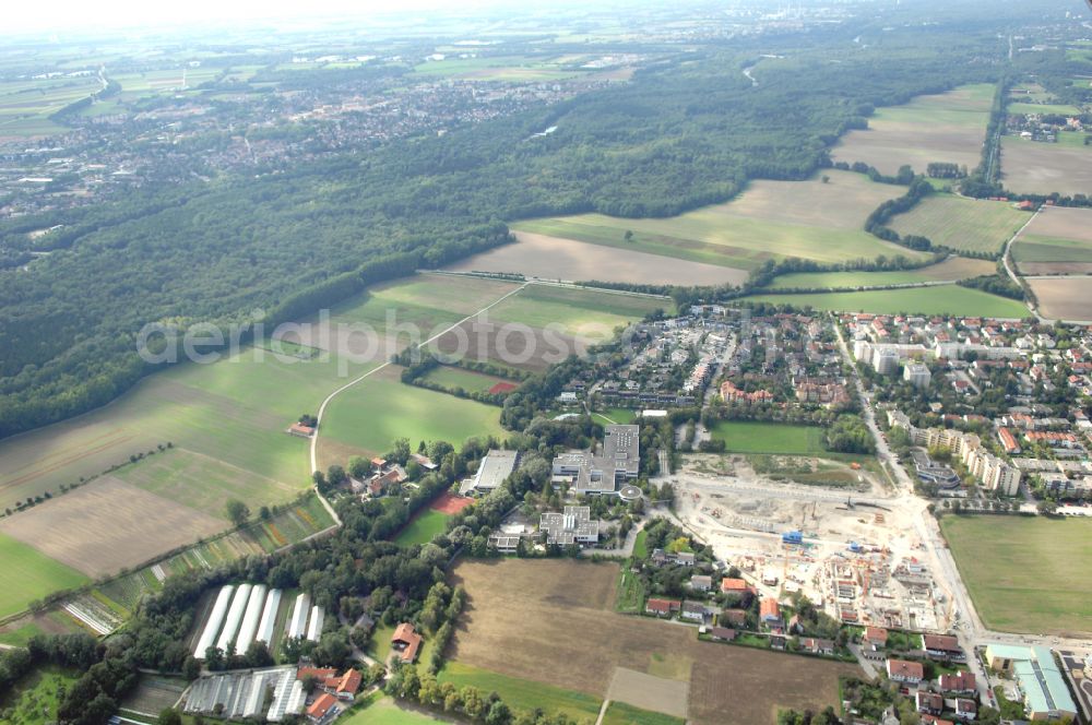 Garching bei München from above - Residential construction site with multi-family housing development- Professor-Angermair-Ring corner Muehlfeldweg in Garching bei Muenchen in the state Bavaria, Germany