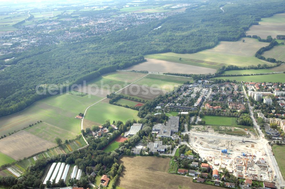 Garching bei München from the bird's eye view: Residential construction site with multi-family housing development- Professor-Angermair-Ring corner Muehlfeldweg in Garching bei Muenchen in the state Bavaria, Germany