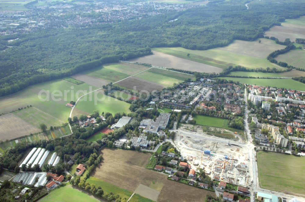 Aerial image Garching bei München - Residential construction site with multi-family housing development- Professor-Angermair-Ring corner Muehlfeldweg in Garching bei Muenchen in the state Bavaria, Germany