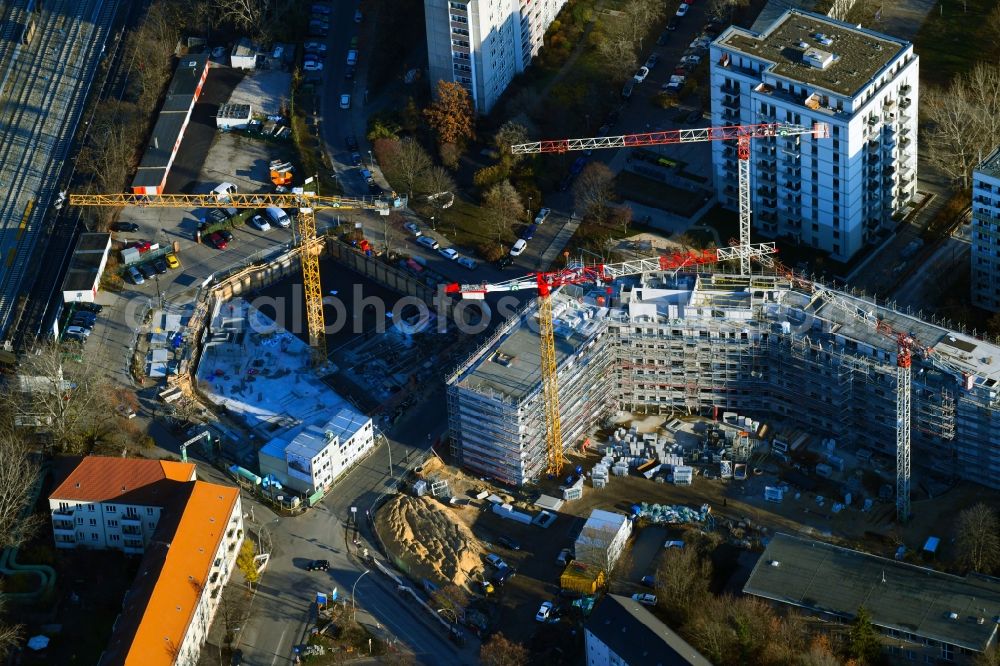 Berlin from above - Residential construction site with multi-family housing development- on the Rosenfelder Ring corner Skandinavische Strasse in the district Lichtenberg in Berlin, Germany