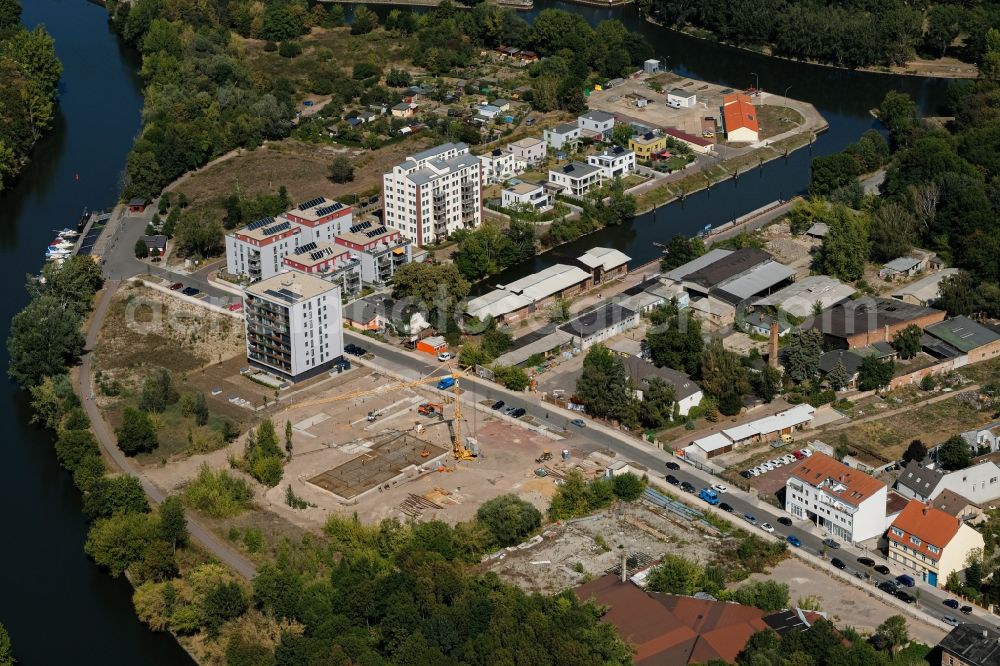 Halle (Saale) from the bird's eye view: Residential construction site with multi-family housing development- on the Sophienhafen in Halle (Saale) in the state Saxony-Anhalt, Germany