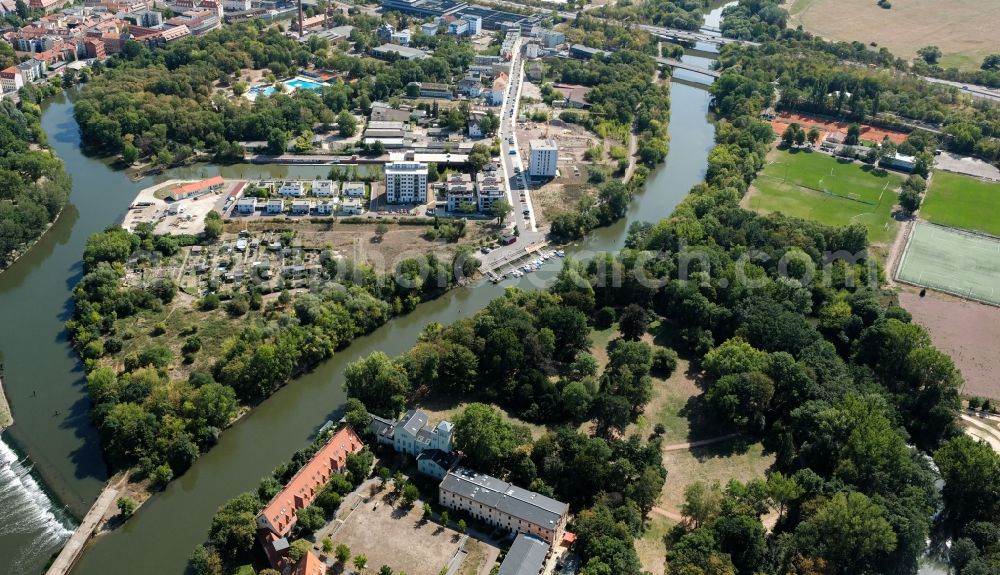 Aerial image Halle (Saale) - Residential construction site with multi-family housing development- on the Sophienhafen in Halle (Saale) in the state Saxony-Anhalt, Germany