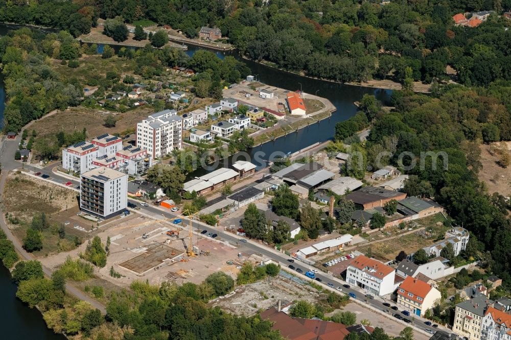 Aerial photograph Halle (Saale) - Residential construction site with multi-family housing development- on the Sophienhafen in Halle (Saale) in the state Saxony-Anhalt, Germany