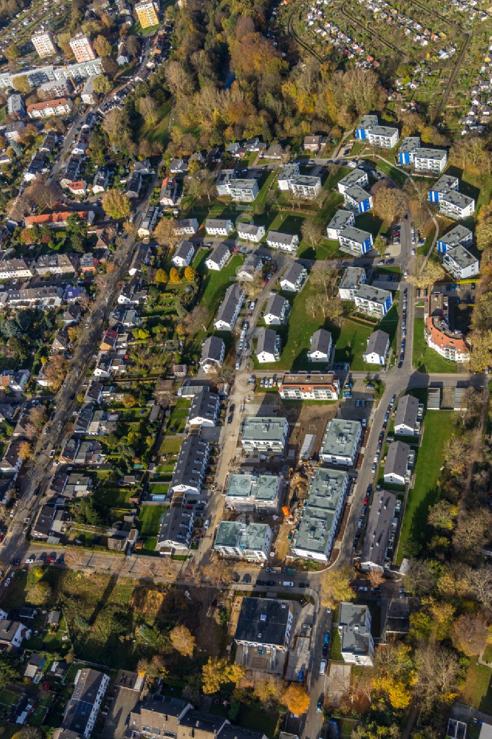 Aerial image Bochum - Residential construction site with multi-family housing development- on the Sorpestrasse - Ederstrasse in Bochum in the state North Rhine-Westphalia, Germany