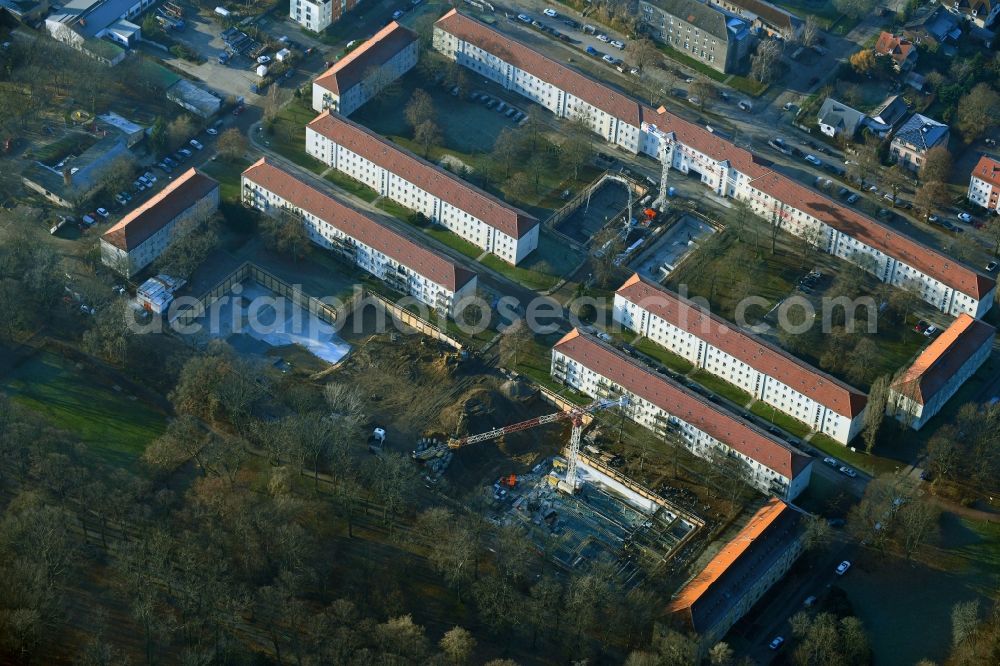 Berlin from above - Residential construction site with multi-family housing development- at Wildrosenweg in the district Biesdorf in Berlin, Germany