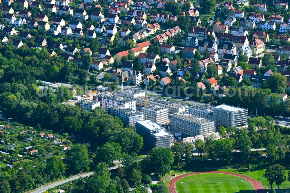 Jena from the bird's eye view: Residential construction site with multi-family housing development- Wohnungsbauprojekt Erlenhoefe of WG Carl Zeiss eG on street Karl-Liebknecht-Strasse in Jena in the state Thuringia, Germany