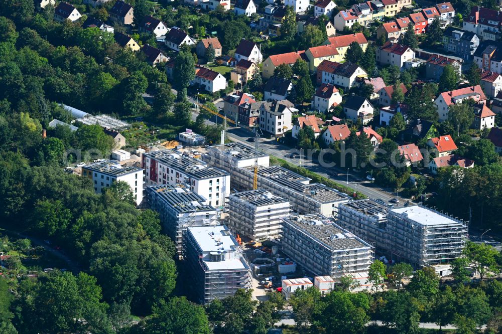 Aerial image Jena - Residential construction site with multi-family housing development- Wohnungsbauprojekt Erlenhoefe of WG Carl Zeiss eG on street Karl-Liebknecht-Strasse in Jena in the state Thuringia, Germany