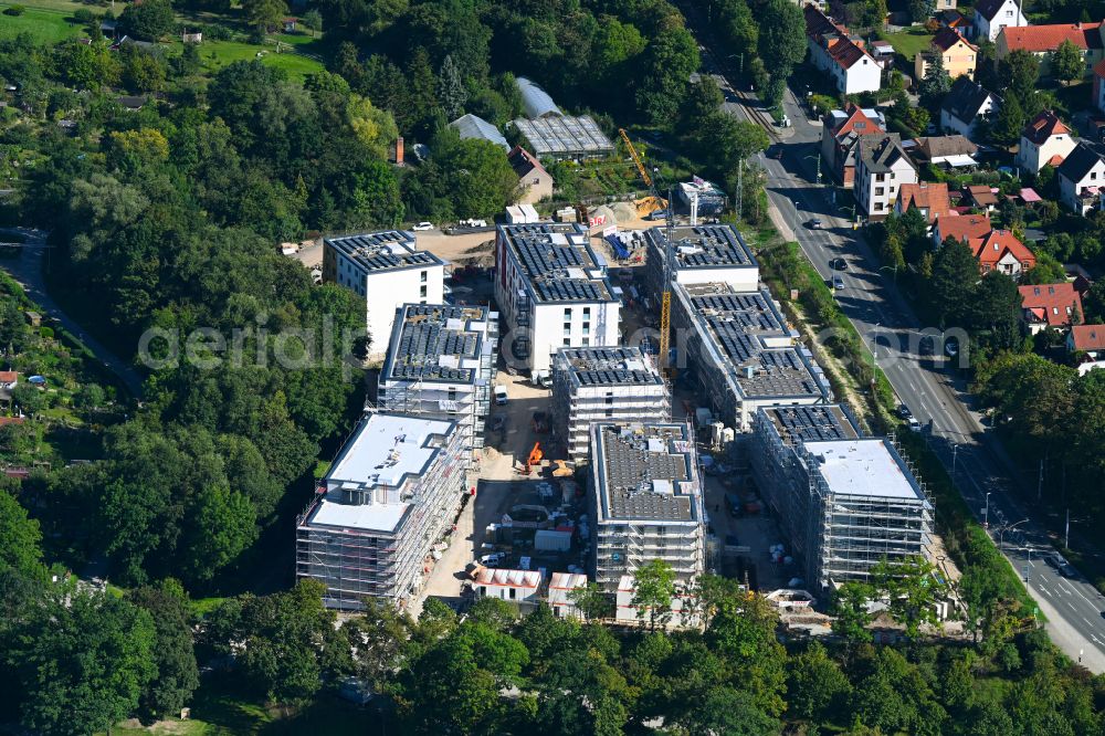 Aerial photograph Jena - Residential construction site with multi-family housing development- Wohnungsbauprojekt Erlenhoefe of WG Carl Zeiss eG on street Karl-Liebknecht-Strasse in Jena in the state Thuringia, Germany