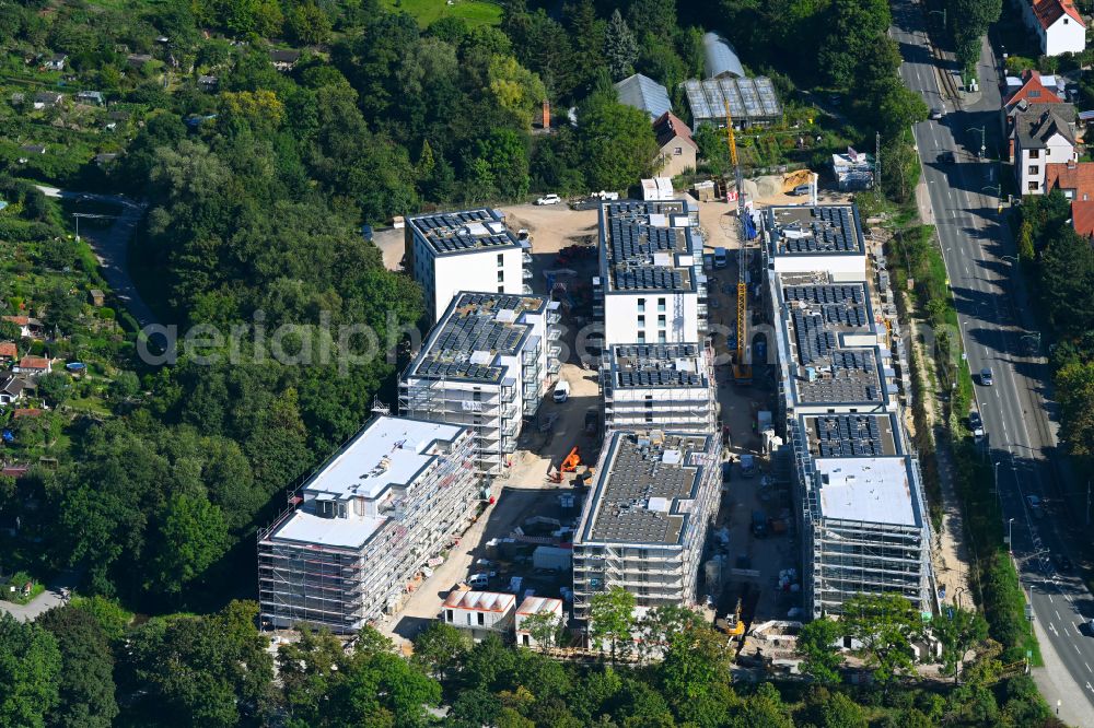 Jena from above - Residential construction site with multi-family housing development- Wohnungsbauprojekt Erlenhoefe of WG Carl Zeiss eG on street Karl-Liebknecht-Strasse in Jena in the state Thuringia, Germany