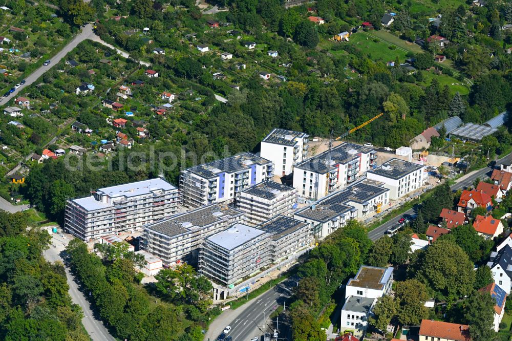 Aerial image Jena - Residential construction site with multi-family housing development- Wohnungsbauprojekt Erlenhoefe of WG Carl Zeiss eG on street Karl-Liebknecht-Strasse in Jena in the state Thuringia, Germany