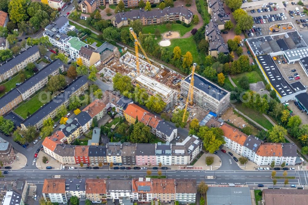 Bochum from the bird's eye view: Residential construction site with multi-family housing development- of the Housing Cooperative Krone Bochum eG i. G. and Wohnprojekt Krone UG as investors with the help of the architecture firm Luczak Architektenat the Kronenstrasse in Bochum in the state North Rhine-Westphalia, Germany