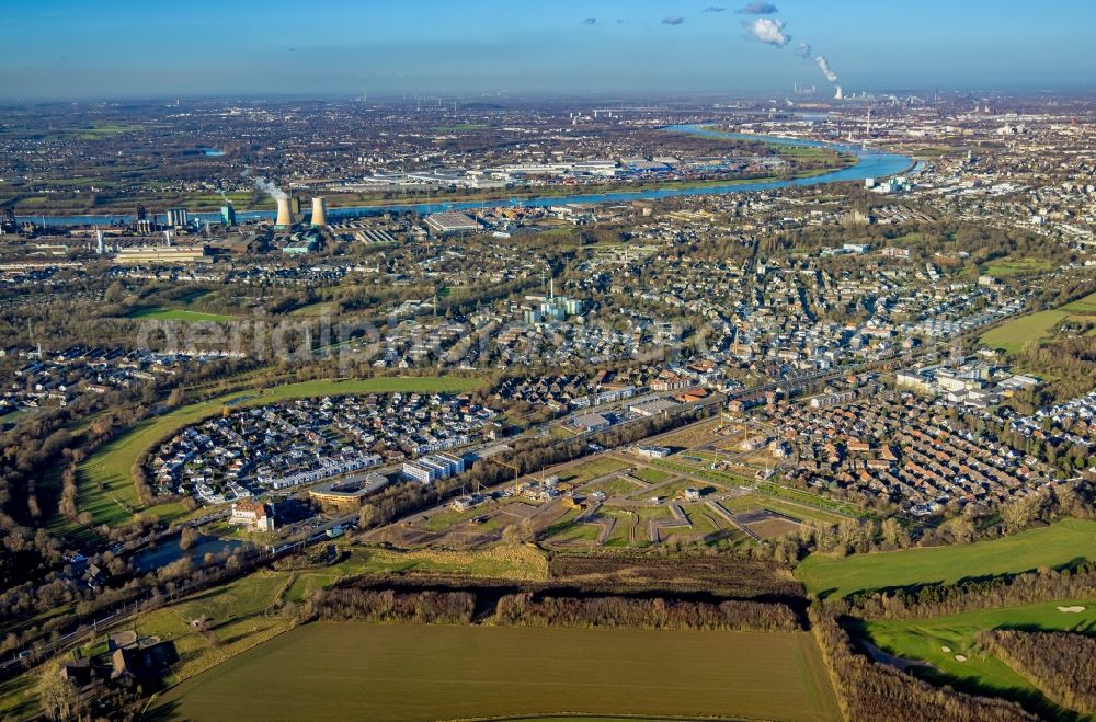 Duisburg from the bird's eye view: Residential area construction site of a mixed development with multi-family houses and single-family houses- New building at the Am Alten Angerbach in the district Huckingen in Duisburg at Ruhrgebiet in the state North Rhine-Westphalia, Germany